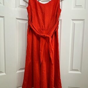 100% Silk Coldwater Creek Bold Orange Crinkle Sleeveless Midi Dress Sash Waist